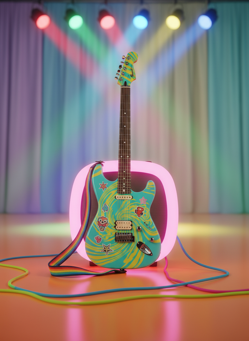 A gleaming electric guitar with a custom swirl paint finish in bright turquoise and sunny yellow, resting upright on a rounded, neon-pink amplifier. The guitar is adorned with playful stickers and a rainbow-colored strap, cables coiling like loose ribbons on a smooth, citrus-orange stage floor. Vivid, multi-colored spotlights illuminate the setup from different angles, bouncing cheerful light across the glossy surfaces. The mood is energetic, playful, and inviting, embodying the excitement of a new indie band. Captured from a slightly elevated angle with a centered composition, the background dissolves into a whimsical blur of pastel stage curtains, emphasizing the boldness of the instruments. The image style is photographic realism with a vibrant, youthful flair, fitting for a welcoming band website homepage.